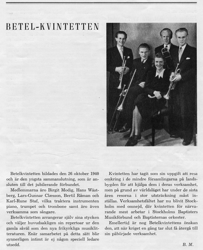 Om Betel-kvintetten, i Stockholms Baptisters Musikförbund 30 år, Jubileumsskrift