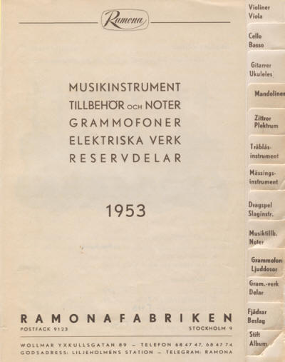 Ramonafabrikens katalog med instrument grammofoner och tillbehör från 1953